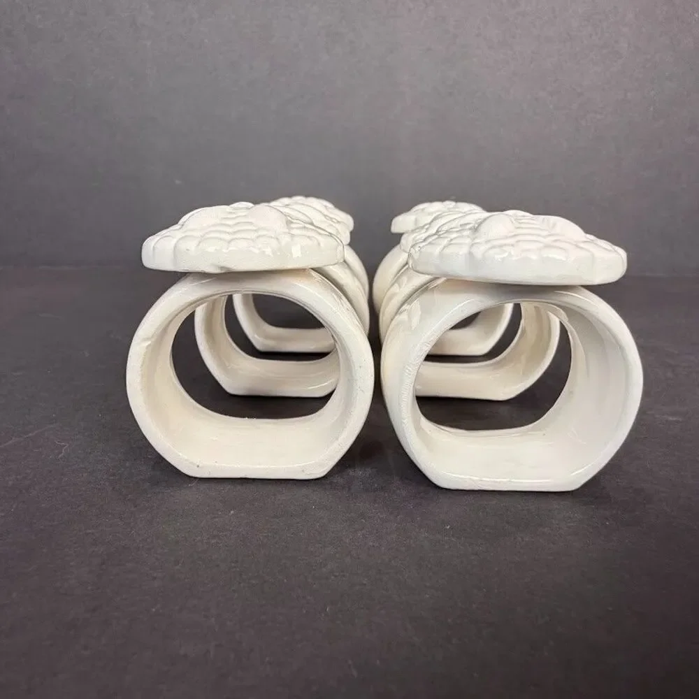 Set of 6 Vintage White Ceramic Sand Dollar Napkin Rings, Coastal Beach, EUC